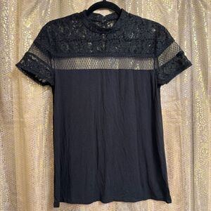 Express Black Gothic Lace Sleeve Shorts Sleeve Top Blouse Medium NWT
